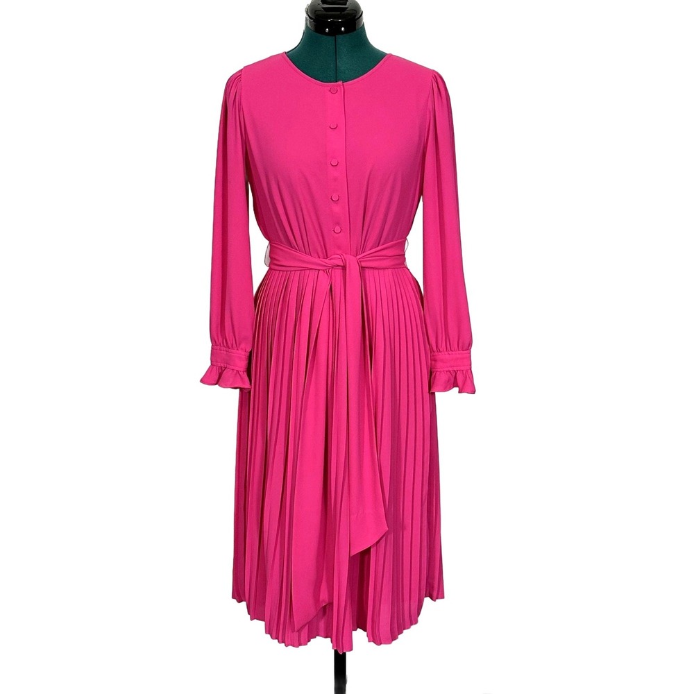 J.Crew Pink Pleated Midi Dress Womens Size 2‎ Long Sleeve Button Front Excellent